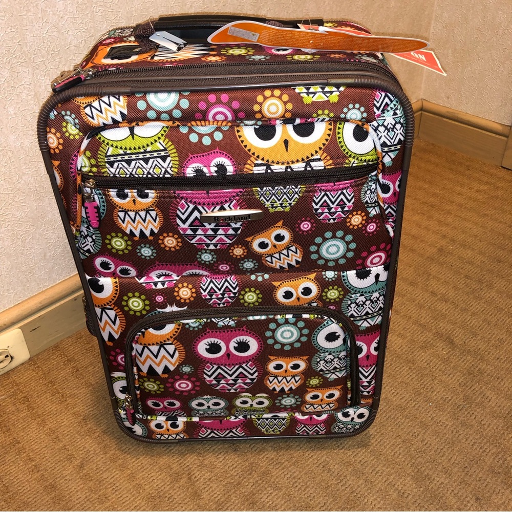 Rockland Luggage Owl Print Travel Carry-On Rolling Suitcase, New With Tags